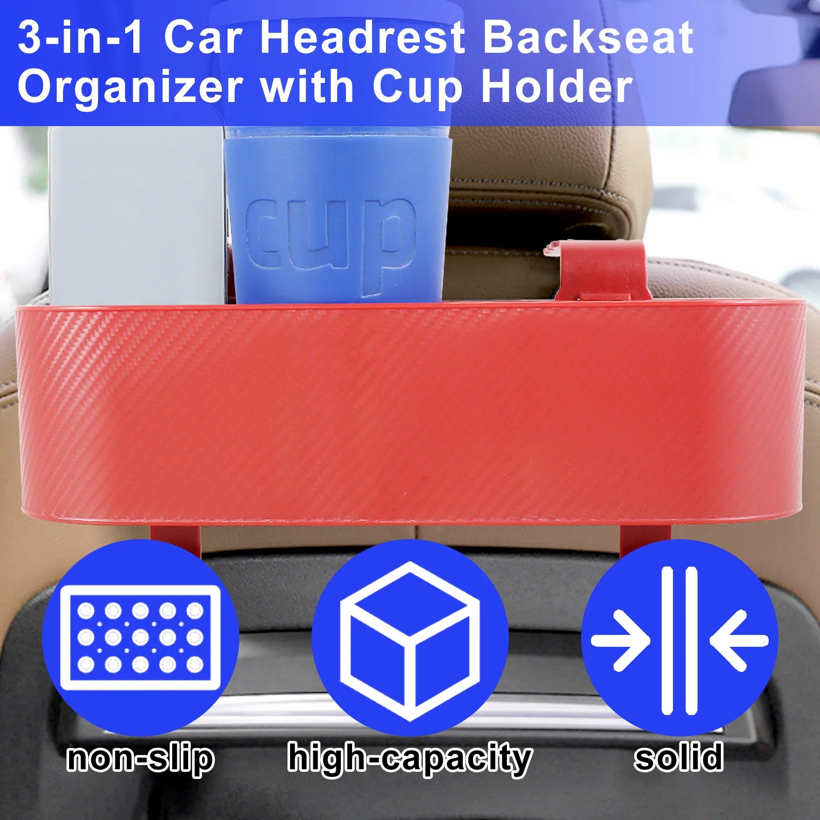 2Pcs Car Headrest Backseat Organizer - Multifunctional Hanging Seat Back Phone Organizer with Cup Holder and 5-Lattice Storage