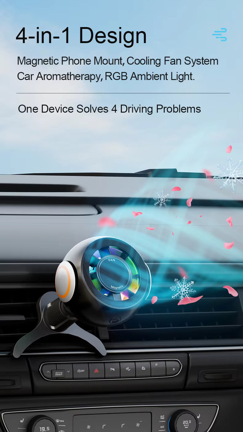 Magnetic Car Phone Holder with Cooling Fan, Aroma Diffuser & RGB Ambient Light - Delicate Leather  