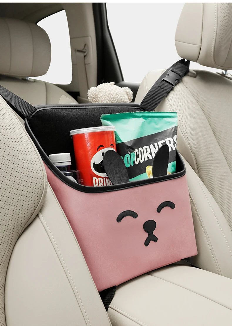 Cute Cartoon Car Seat Middle Organizer - Leather Material Storage Bag for Convenient Auto Tidying