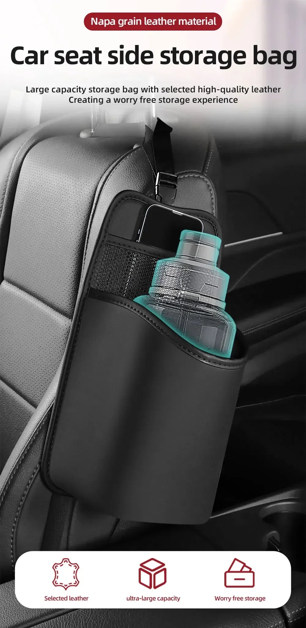 Car Seat Side Storage Bag - Multi-Pocket Drink Holder Pocket Styling Organizer Card Ticket Holder Nappa Leather Auto Accessories