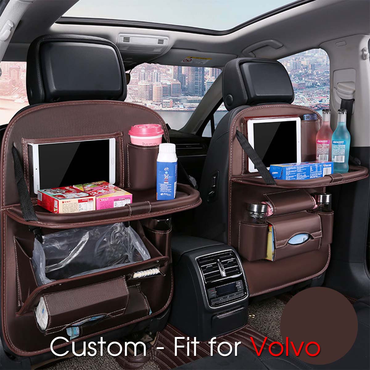 Backseat Organizer With Tablet Holder PU Leather, Custom Fit For Your Cars, Backseat Car Organizer, Car Seat Back Protectors Kick With Foldable Table Tray Car Seat Organizer, Car Accessories MY15987