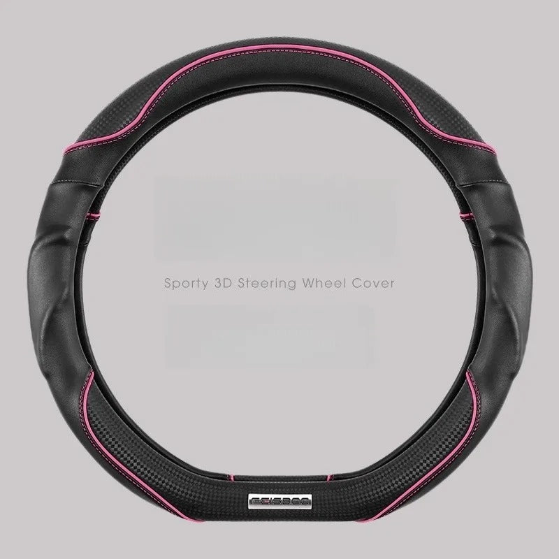 Nappa Leather Steering Wheel Cover with Carbon Fiber Pattern – Universal Fit 38cm, Non-Slip, All-Season Design - Delicate Leather  