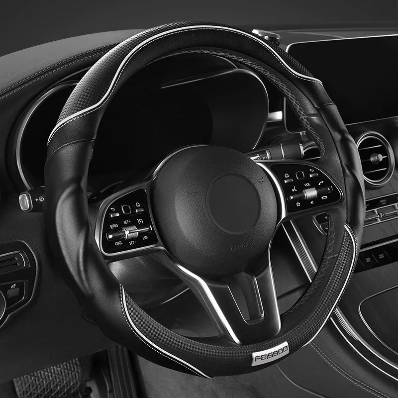 Nappa Leather Steering Wheel Cover with Carbon Fiber Pattern – Universal Fit 38cm, Non-Slip, All-Season Design - Delicate Leather  