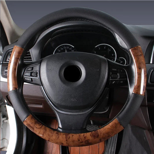 Wood Grain Steering Wheel Cover – PU Leather Anti-Slip Breathable 38cm Universal Fit - Delicate Leather