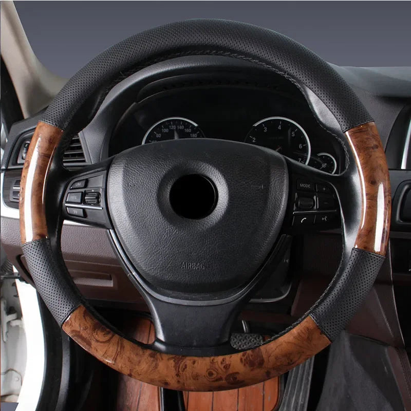 Wood Grain Steering Wheel Cover – PU Leather Anti-Slip Breathable 38cm Universal Fit - Delicate Leather  
