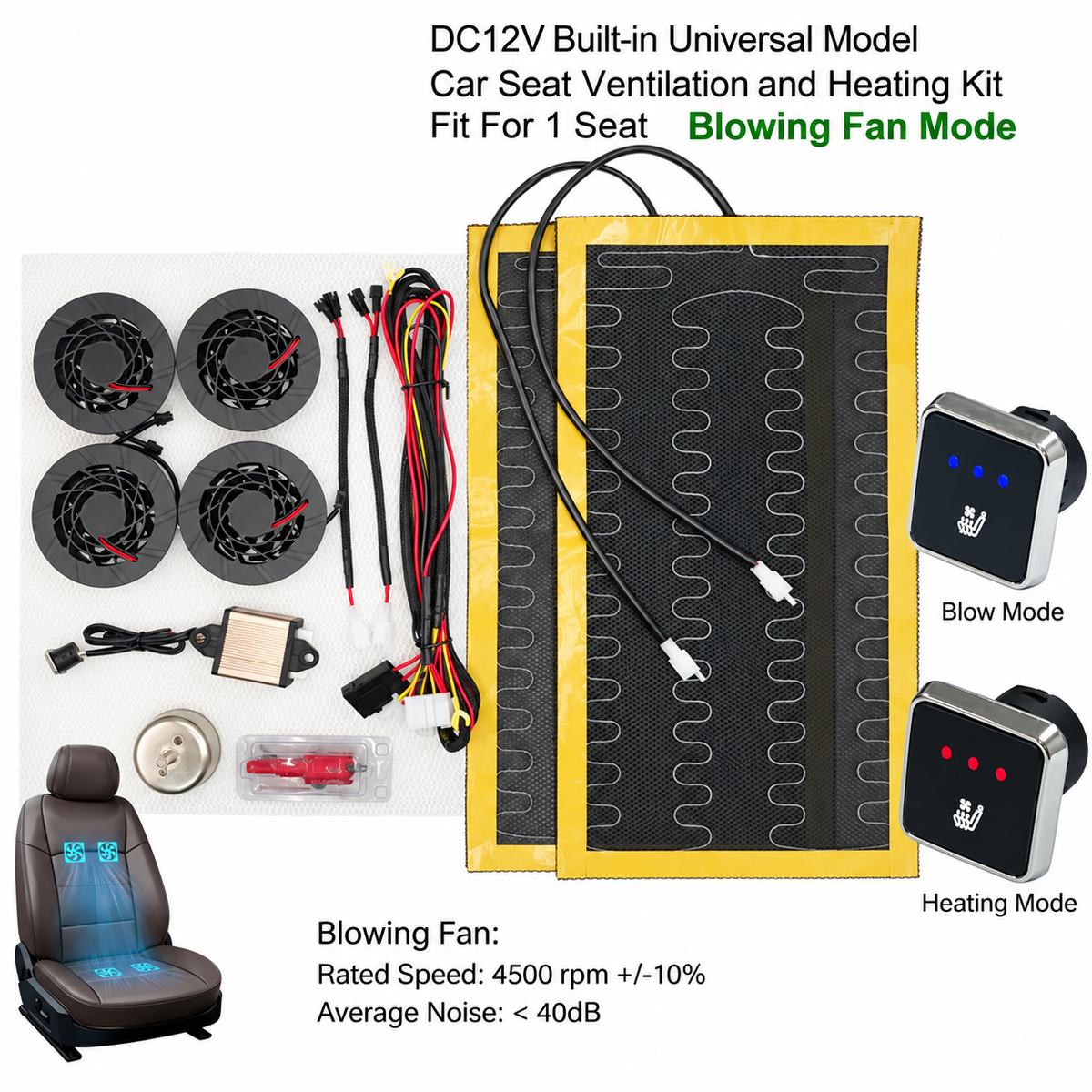 DC 12V Universal Car Seat Heating & Ventilation Kit for 1 Seat – Built-In Heater Pad with Fans & 3-Level Switch - Delicate Leather