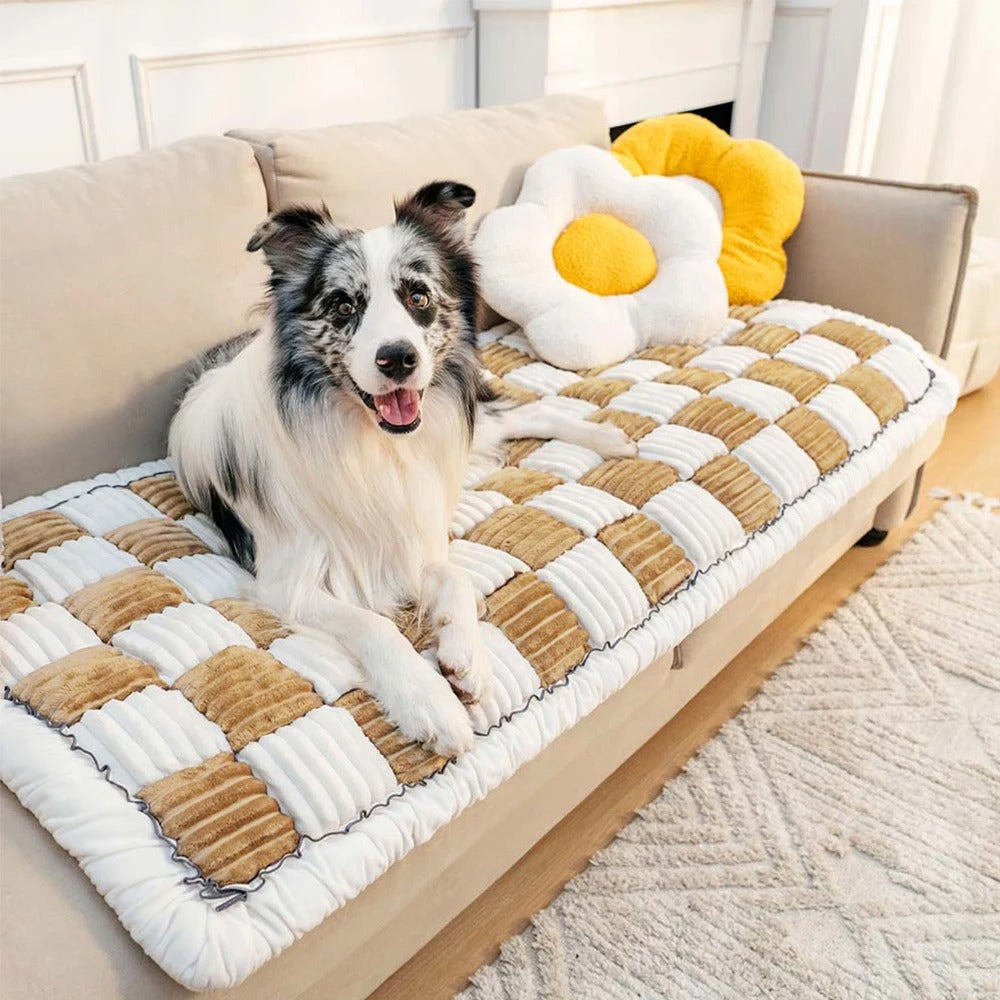 Washable Dog Bed Mat & Cat Scratchable Blanket - Anti-Slip Sofa Couch Protector for Large Dogs - Coral Fleece, Plaid