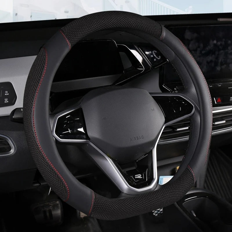 D-Shape Ice Silk & Leather Steering Wheel Cover – Universal 14.5–15 Inch Anti-Slip Grip - Delicate Leather