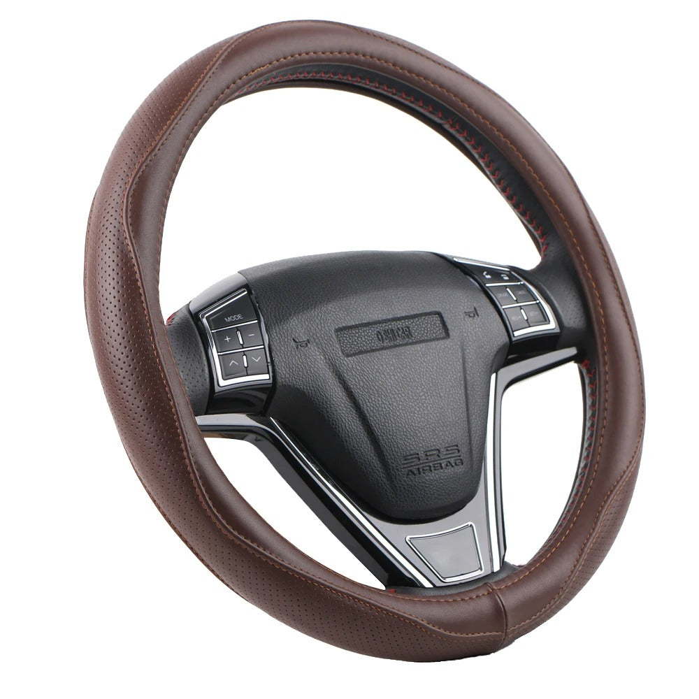 Universal Genuine Leather Steering Wheel Cover 38cm – Top Cowhide Perforated Non-Slip Silicone Car Steering Wheel Protector - Delicate Leather