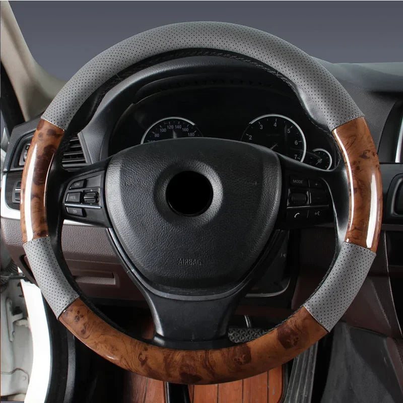 Wood Grain Steering Wheel Cover – PU Leather Anti-Slip Breathable 38cm Universal Fit - Delicate Leather  