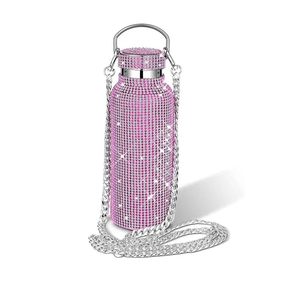 Bling Rhinestone Stainless Steel Water Bottle – Glitter Tumbler with Chain Strap & Thermal Insulation