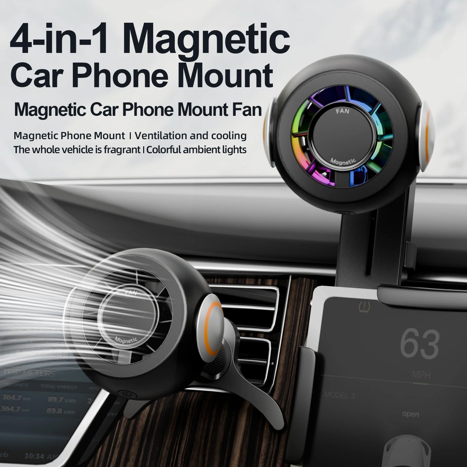 Magnetic Car Phone Holder with Cooling Fan, Aroma Diffuser & RGB Ambient Light - Delicate Leather  