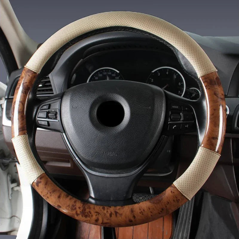 Wood Grain Steering Wheel Cover – PU Leather Anti-Slip Breathable 38cm Universal Fit - Delicate Leather  