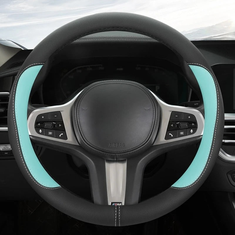 Color-Blocked PU Leather Steering Wheel Cover – Universal 14.5–15 Inch Breathable Non-Slip Grip - Delicate Leather
