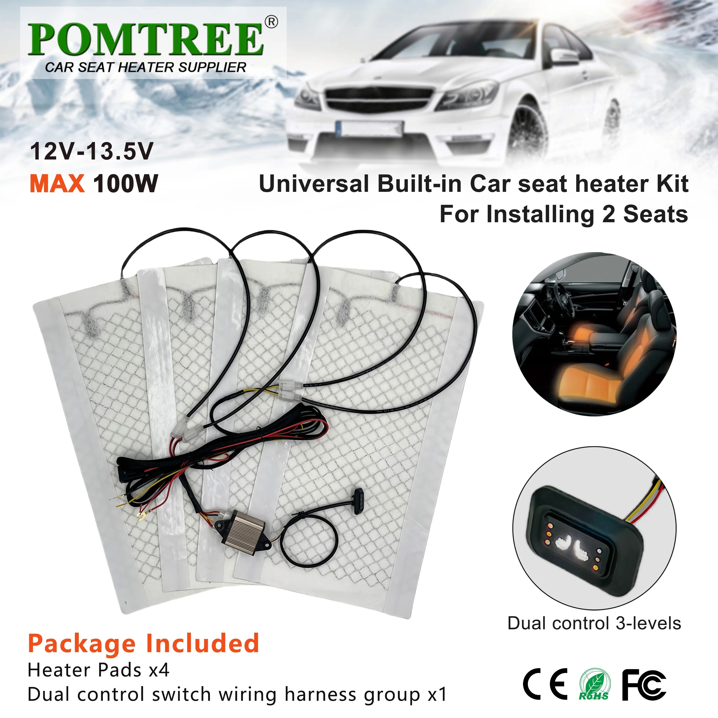 12V 25W Universal Car Seat Heater Kit for 2 Seats – Carbon Fiber Heating Pads with Dual Control & Memory Mode - Delicate Leather