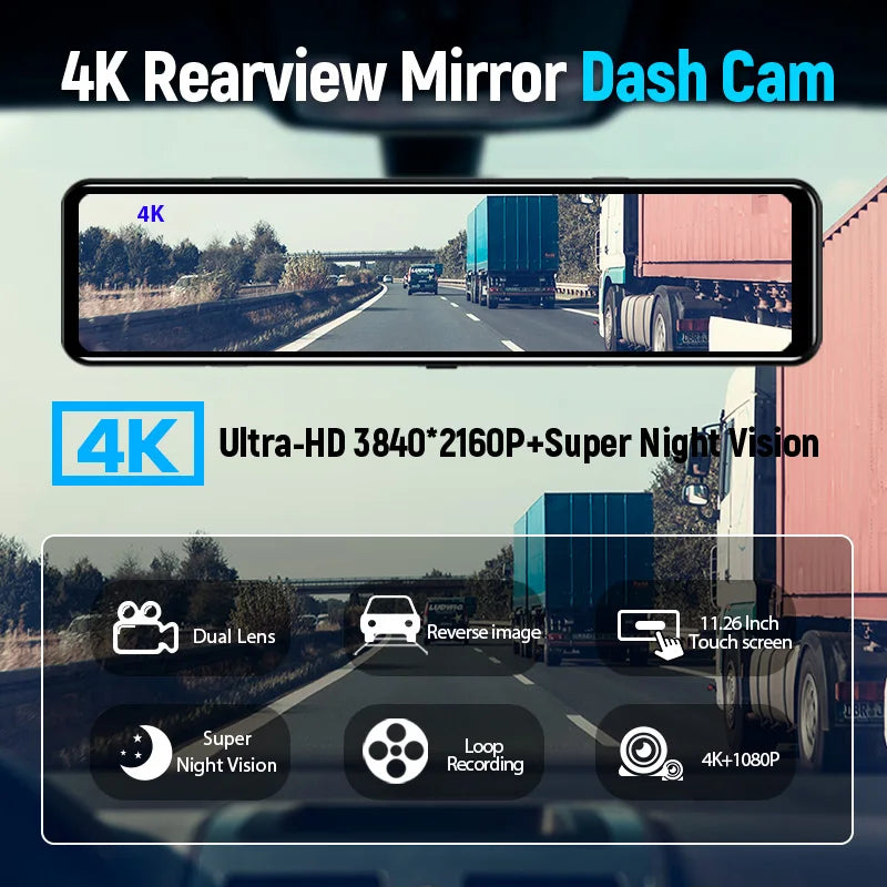 4K Car DVR Dashcam – 12 Inch Touch Screen with IPS Sony 415 Sensor, Rear View Mirror, Parking Support, and Rear View Camera 25