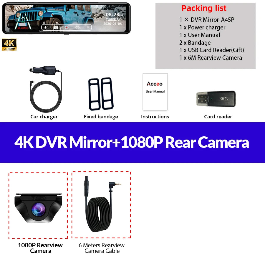 4K Car DVR Dashcam – 12 Inch Touch Screen with IPS Sony 415 Sensor, Rear View Mirror, Parking Support, and Rear View Camera 25