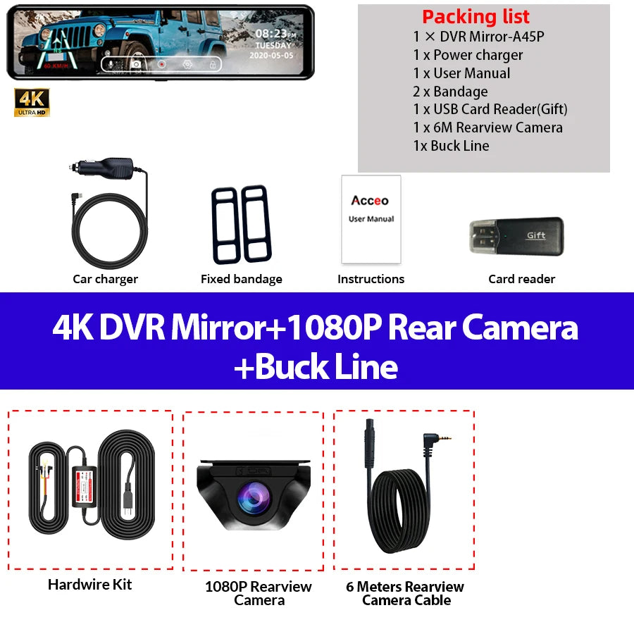 4K Car DVR Dashcam – 12 Inch Touch Screen with IPS Sony 415 Sensor, Rear View Mirror, Parking Support, and Rear View Camera 25