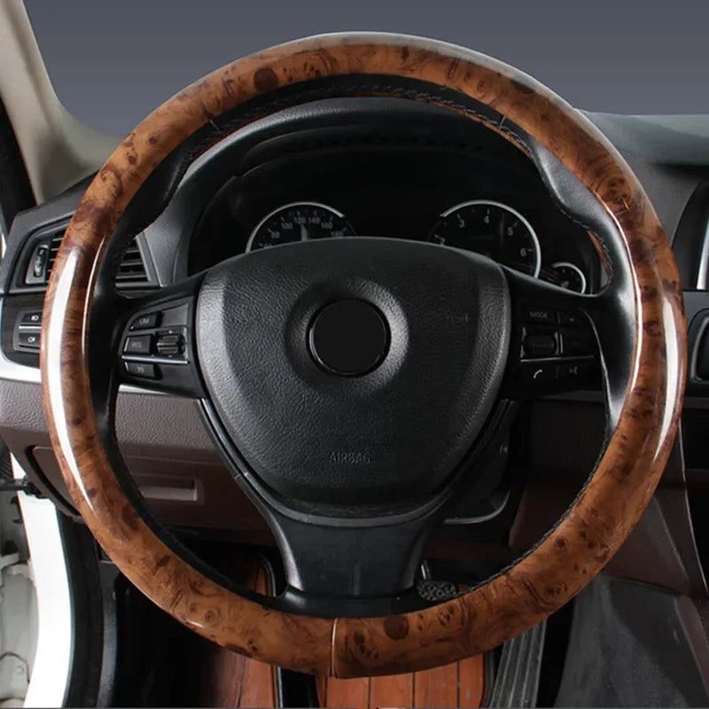 Wood Grain Steering Wheel Cover – PU Leather Anti-Slip Breathable 38cm Universal Fit - Delicate Leather  