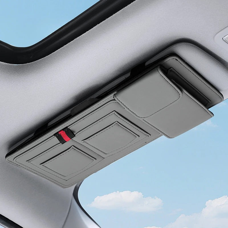 Leather Car Sun Visor Organizer – Universal Sunglasses Holder with Card & Pen Storage - Delicate Leather