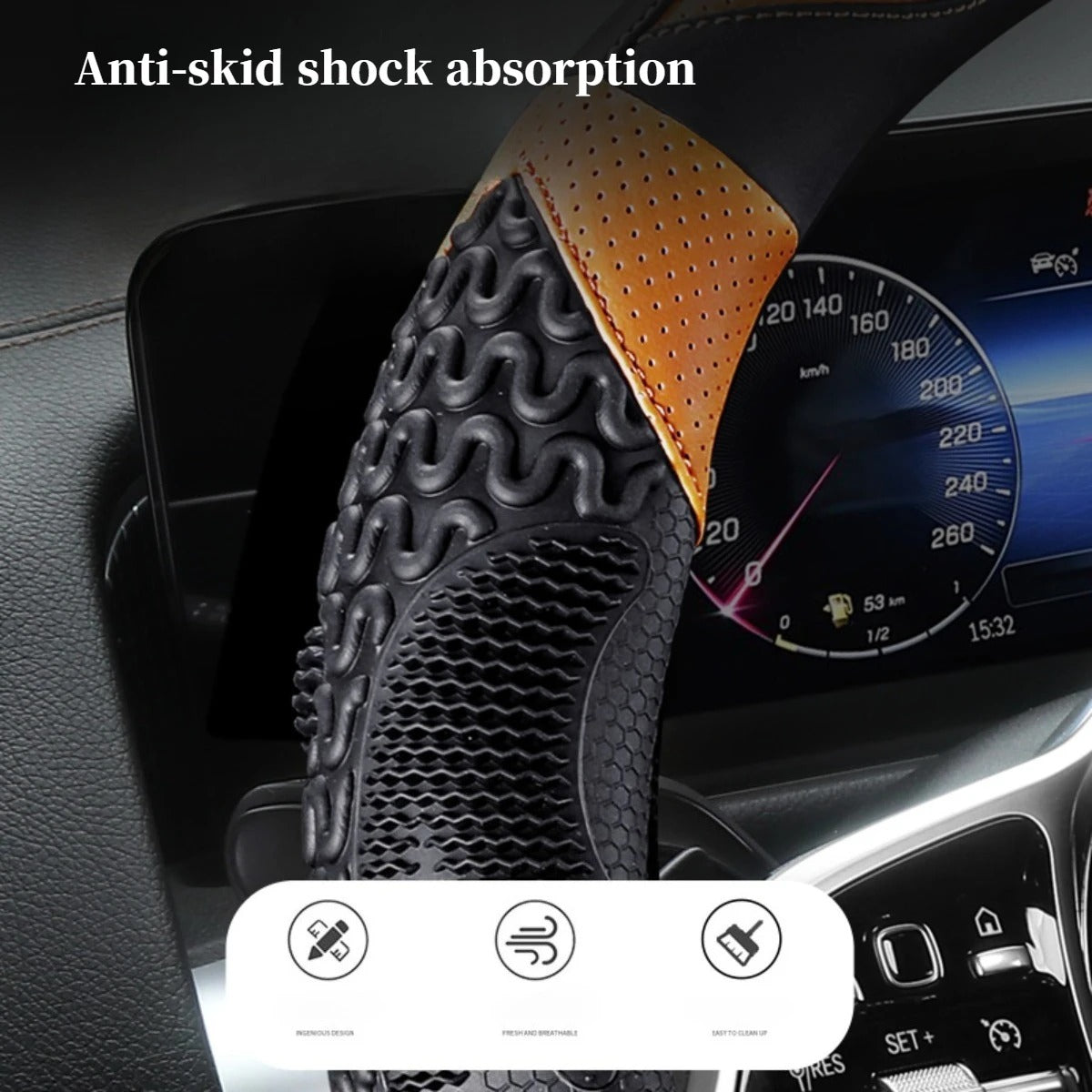 PU Leather Steering Wheel Cover – All-Season Perforated Design with Heat-Embossed Pattern (14.5–15 Inch Fit) - Delicate Leather  