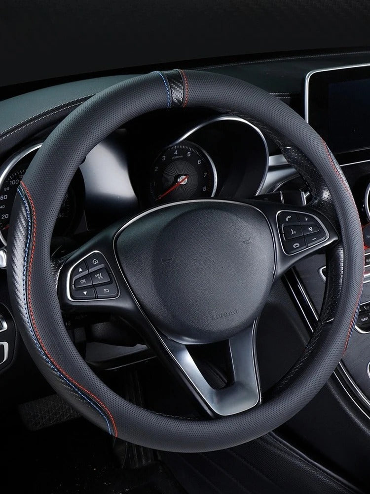 Carbon Fiber Microfiber Leather Steering Wheel Cover – Universal 37–38CM O/D Shape Non-Slip Grip - Delicate Leather