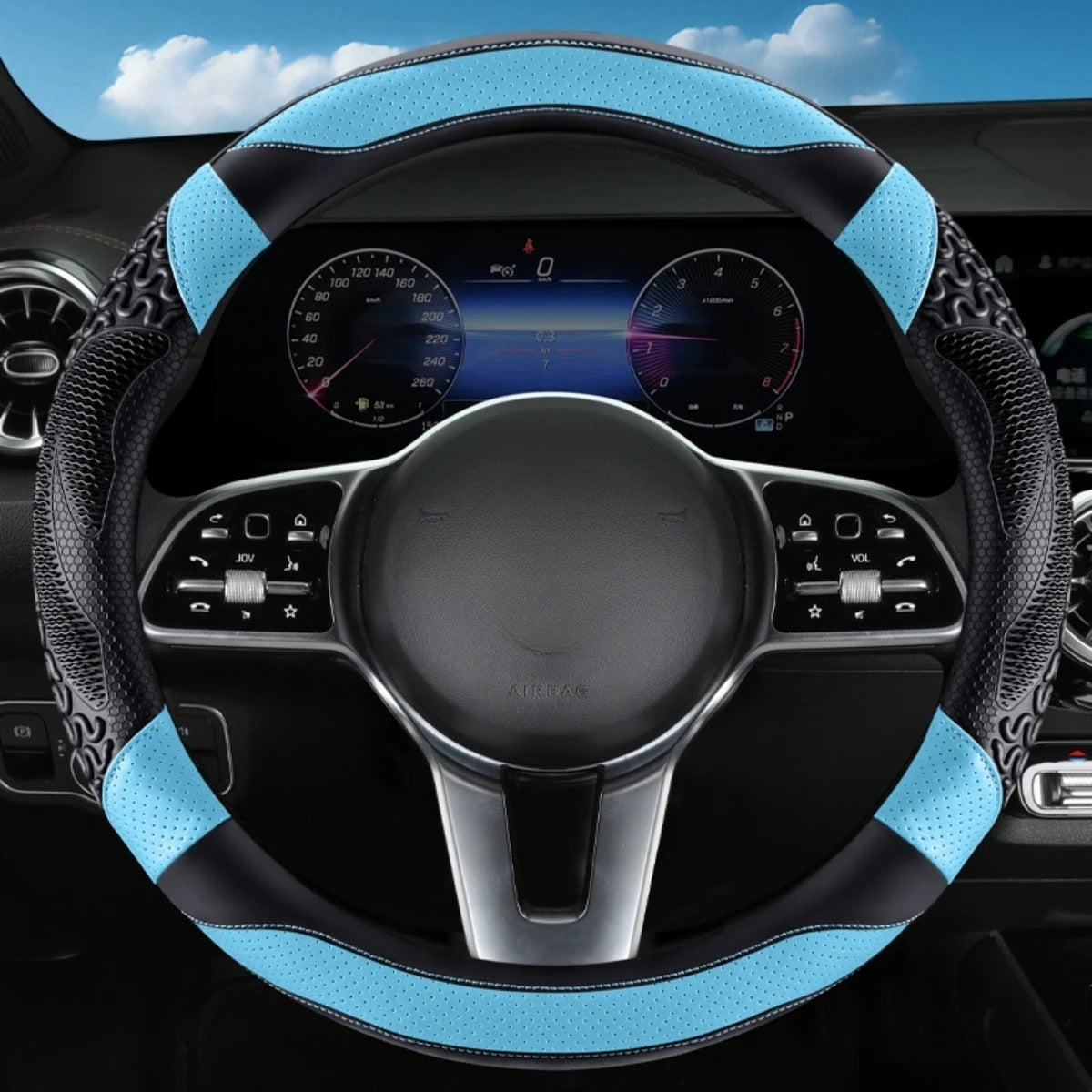 PU Leather Steering Wheel Cover – All-Season Perforated Design with Heat-Embossed Pattern (14.5–15 Inch Fit) - Delicate Leather  