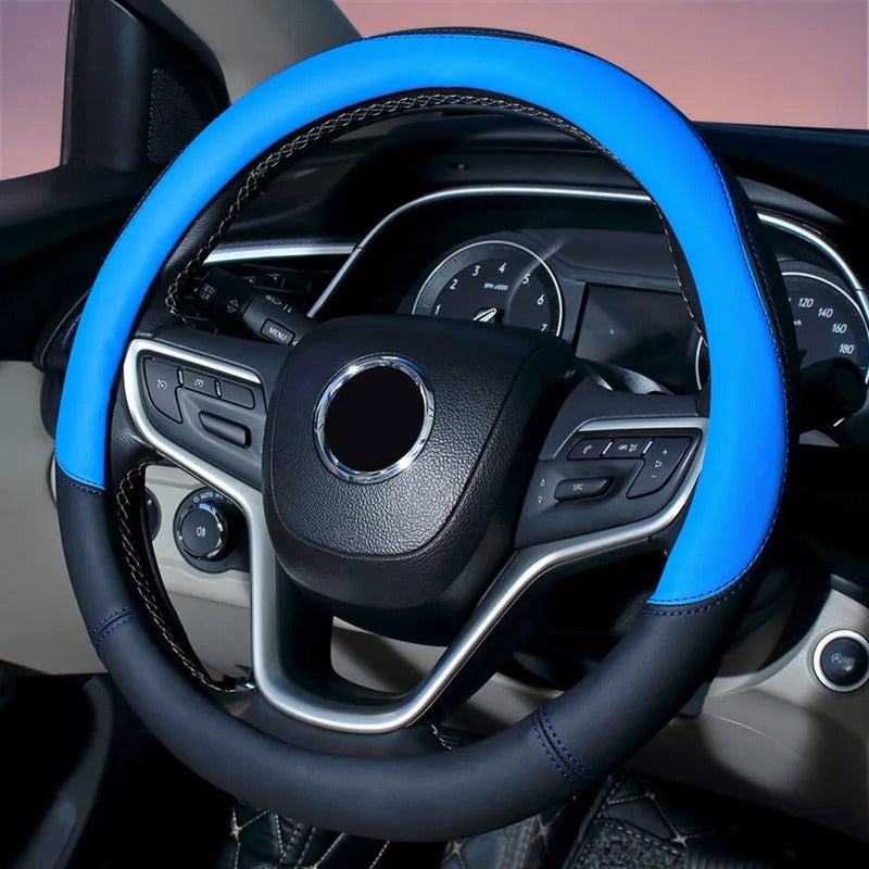 Color Splicing Leather Steering Wheel Cover – Universal 38CM Non-Slip All-Season Grip - Delicate Leather