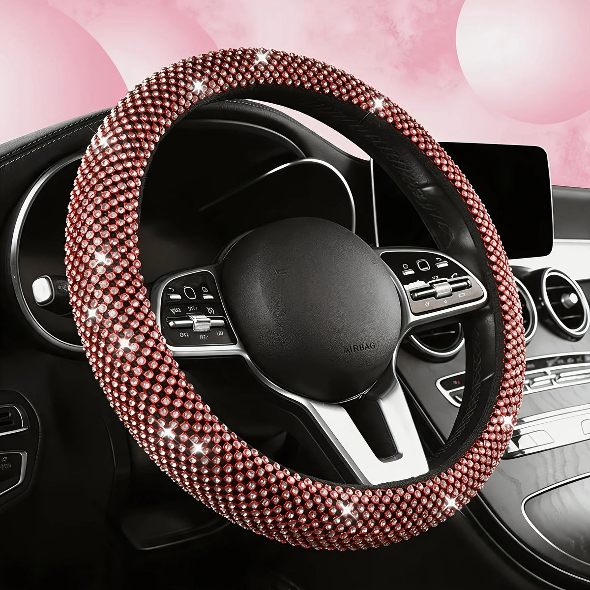 Rhinestone Car Steering Wheel Cover – O-Type Sparkly Diamond Non-Slip Grip - Delicate Leather