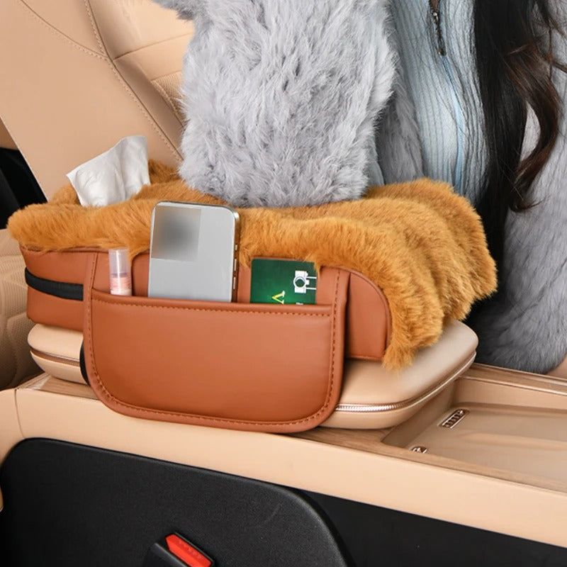 Plush Car Armrest Cushion with Storage Pocket – Universal Center Console Heightening Pad for All Seasons - Delicate Leather  