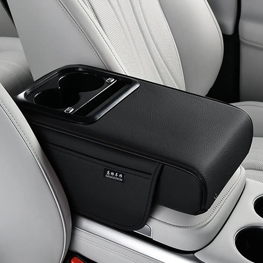 Multi-Functional Car Cup Holder & Armrest Organizer – Center Console Pad with Phone Storage - Delicate Leather  