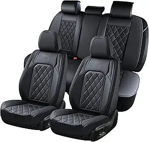 Seat Covers Full Set – Breathable Fabric & Leather, Waterproof, Universal Fit (Black/Red) - Delicate Leather  