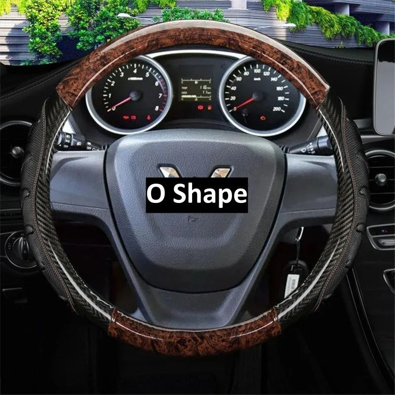 Wood Grain PU Leather Steering Wheel Cover – Universal 37–38cm Anti-Slip All-Season Grip - Delicate Leather