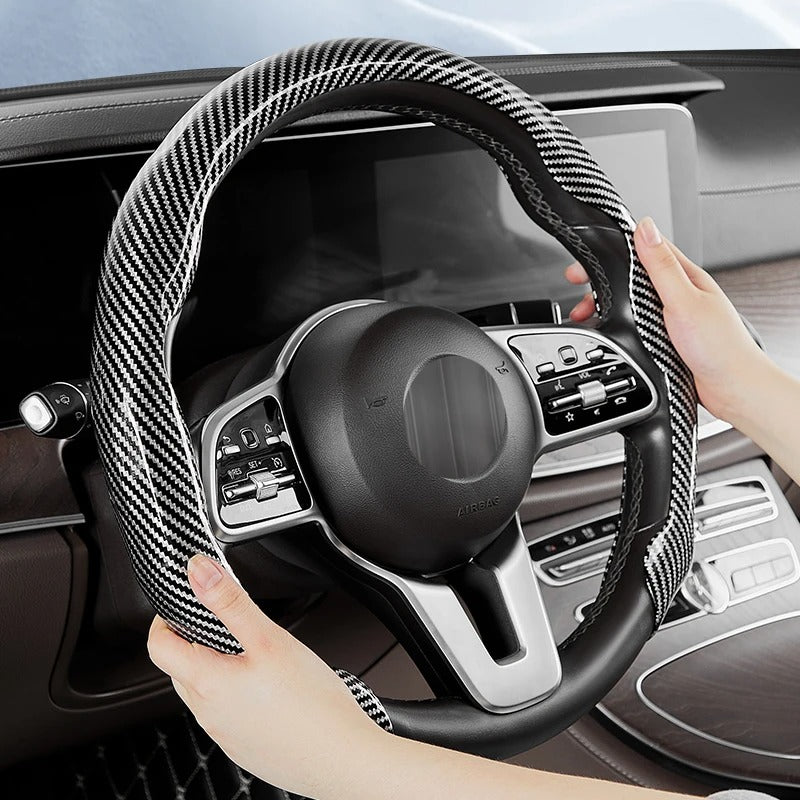 Carbon Fiber Texture Steering Wheel Cover – 38cm Universal Non-Slip Microfiber Grip - Delicate Leather  