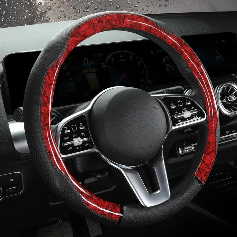 Wood Grain Leather Steering Wheel Cover – Universal 38CM Anti-Slip O/D Shape Grip - Delicate Leather