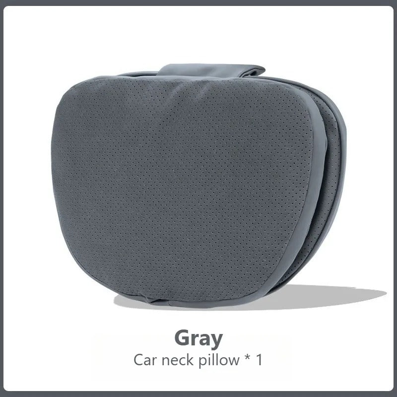Soft Suede Car Neck & Lumbar Support Pillow Set – Memory Foam Headrest Waist Cushion with Double-Sided Design - Delicate Leather