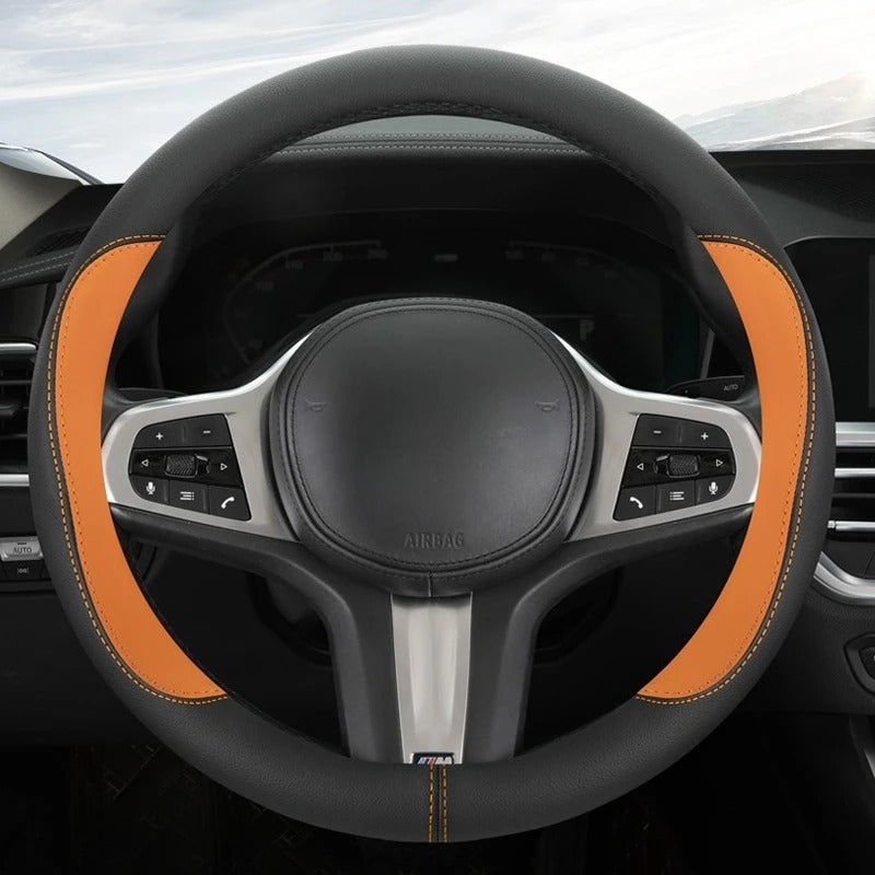 Color-Blocked PU Leather Steering Wheel Cover – Universal 14.5–15 Inch Breathable Non-Slip Grip - Delicate Leather