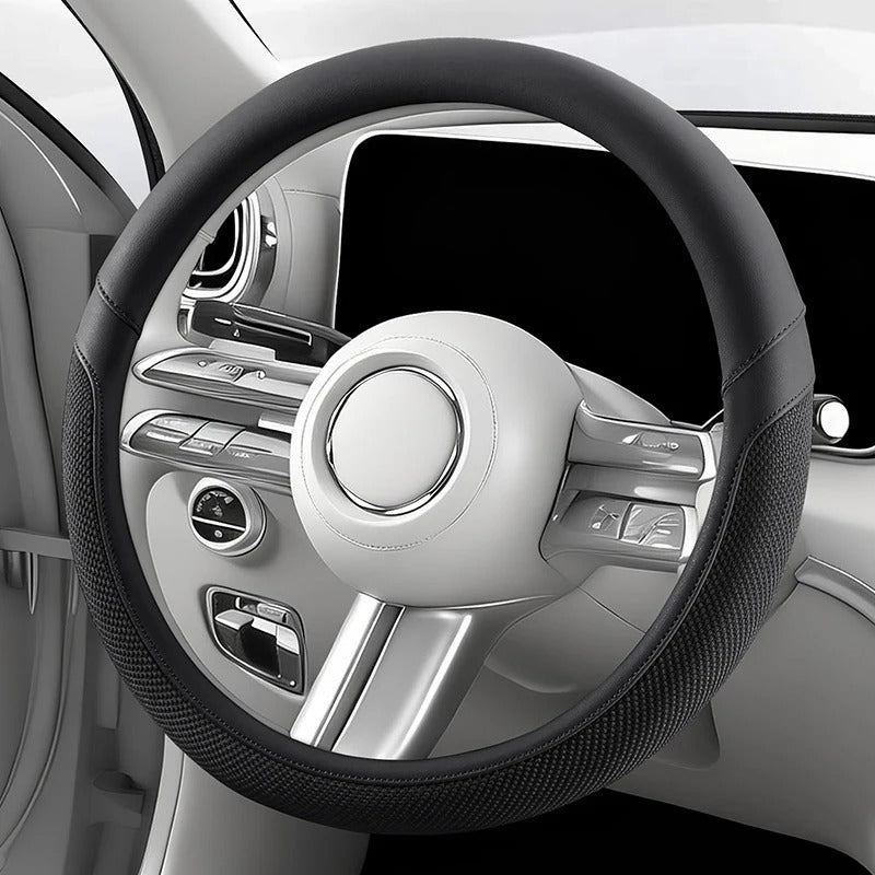 Universal PU Leather & Ice Silk Steering Wheel Cover 38cm – Breathable Anti-Slip O-Type Car Steering Wheel Protector - Delicate Leather
