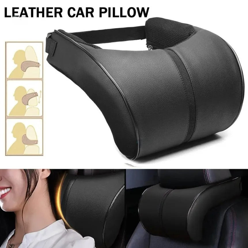 Adjustable Memory Foam Car Headrest & Lumbar Cushion Set – Leather Neck & Back Support Pillow - Delicate Leather  