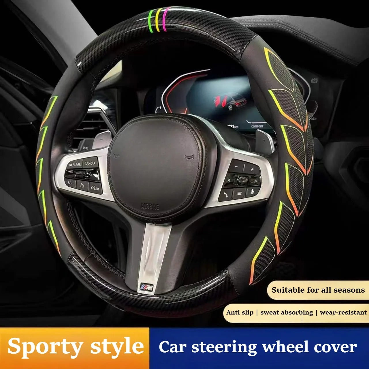 Carbon Fiber & Nappa Leather Steering Wheel Cover – Universal 38cm O/D Shape Anti-Slip Grip - Delicate Leather