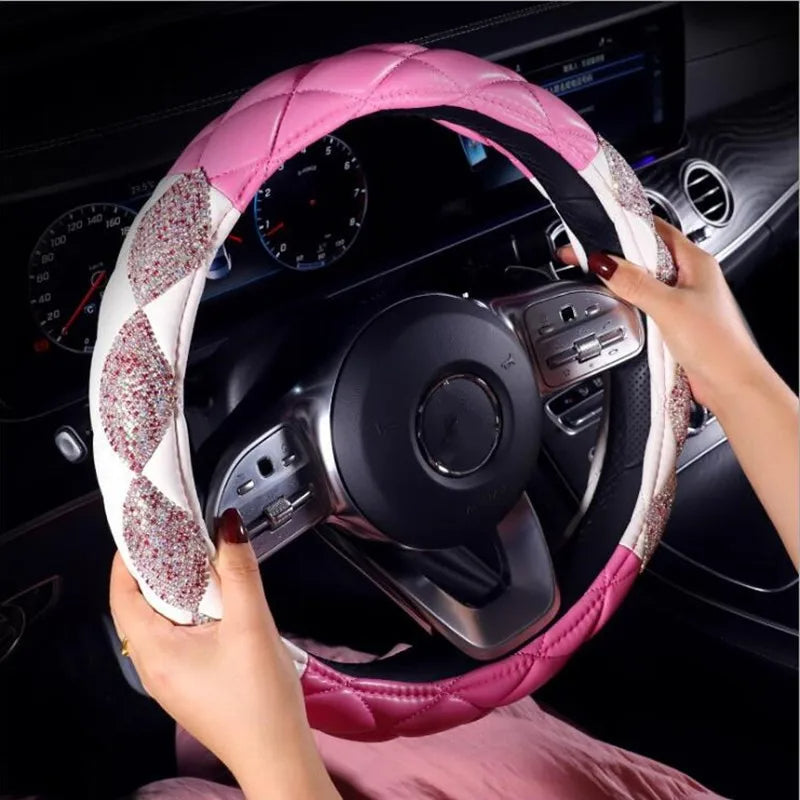 High-End Fashion Car Accessories for Women | Diamond Storage Box, Rearview Mirror Pendant & Steering Wheel Cover