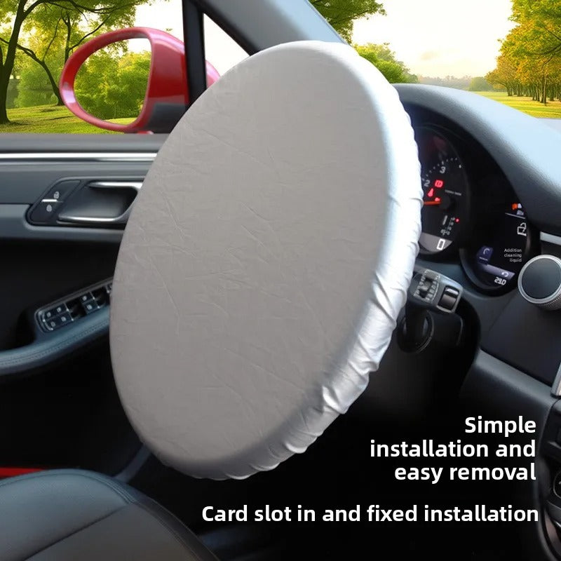 Car Steering Wheel Sun Shade Cover – Silver Coated Heat Reflective Protector - Delicate Leather  