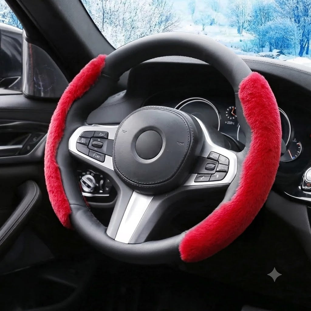 2PCS Plush Steering Wheel Cover – Winter Warm Soft Non-Slip Grip Set - Delicate Leather