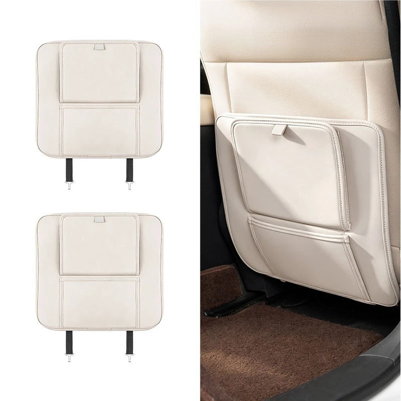 PU Leather Car Seat Back Protector – Anti-Kick Mat with Dual Storage Pockets