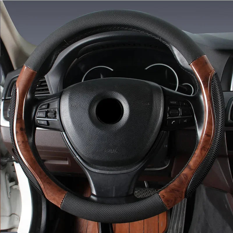 Wood Grain Steering Wheel Cover – PU Leather Anti-Slip Breathable 38cm Universal Fit - Delicate Leather  