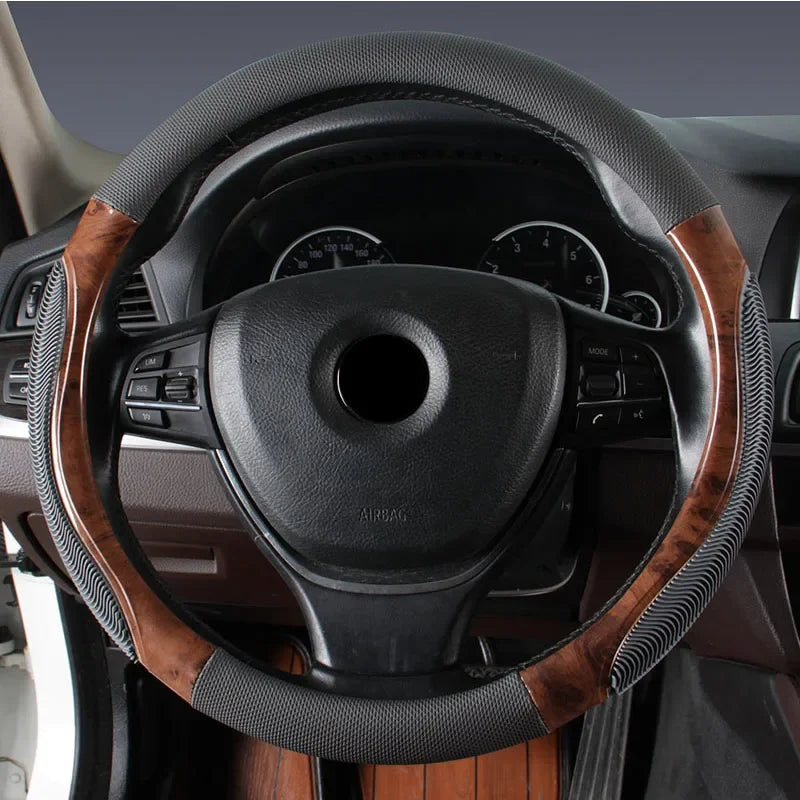 Wood Grain Steering Wheel Cover – PU Leather Anti-Slip Breathable 38cm Universal Fit - Delicate Leather  