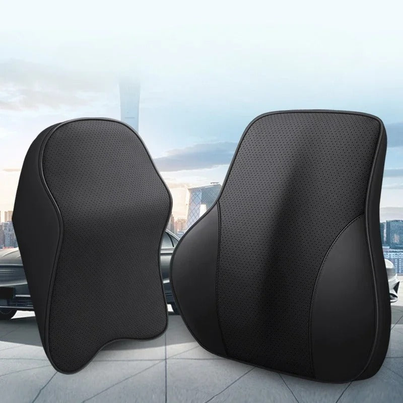 3D Nappa PU Leather Memory Foam Car Headrest & Lumbar Support Cushion - Delicate Leather