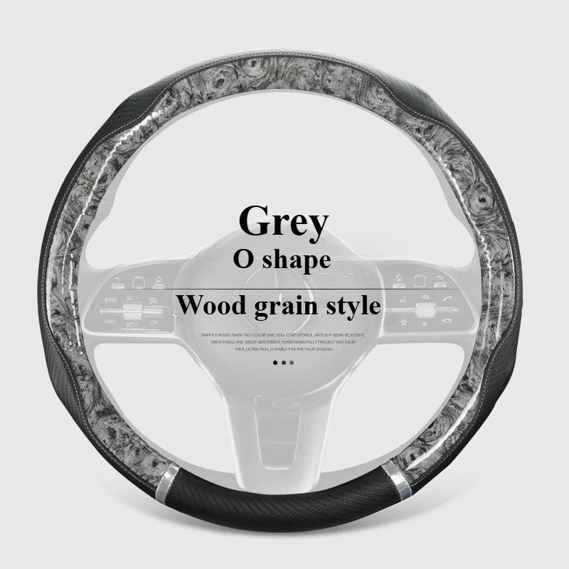 Wood Grain Leather Steering Wheel Cover – Universal 38CM Anti-Slip O/D Shape Grip - Delicate Leather