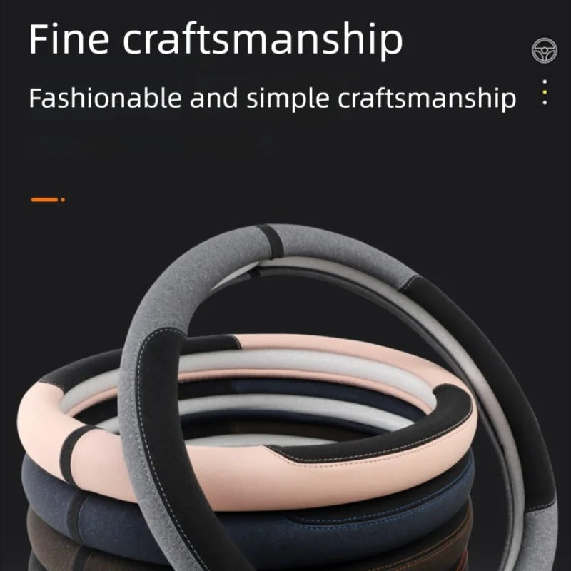 Suede Steering Wheel Cover – Universal Fit 38cm, Non-Slip & Breathable Design - Delicate Leather  