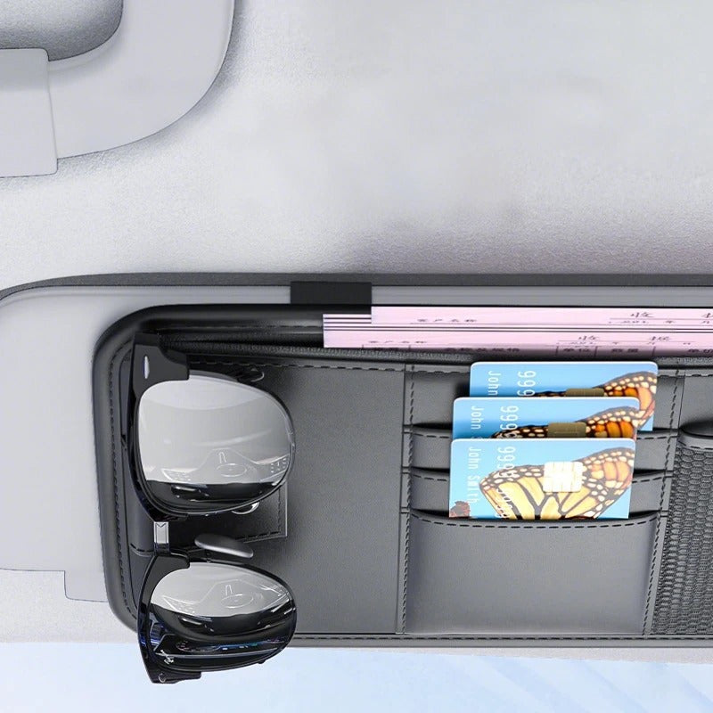PU Leather Car Sun Visor Organizer – Multi-Pocket Storage Bag with Card Holder and Glasses Clip, 16×32 cm - Delicate Leather  